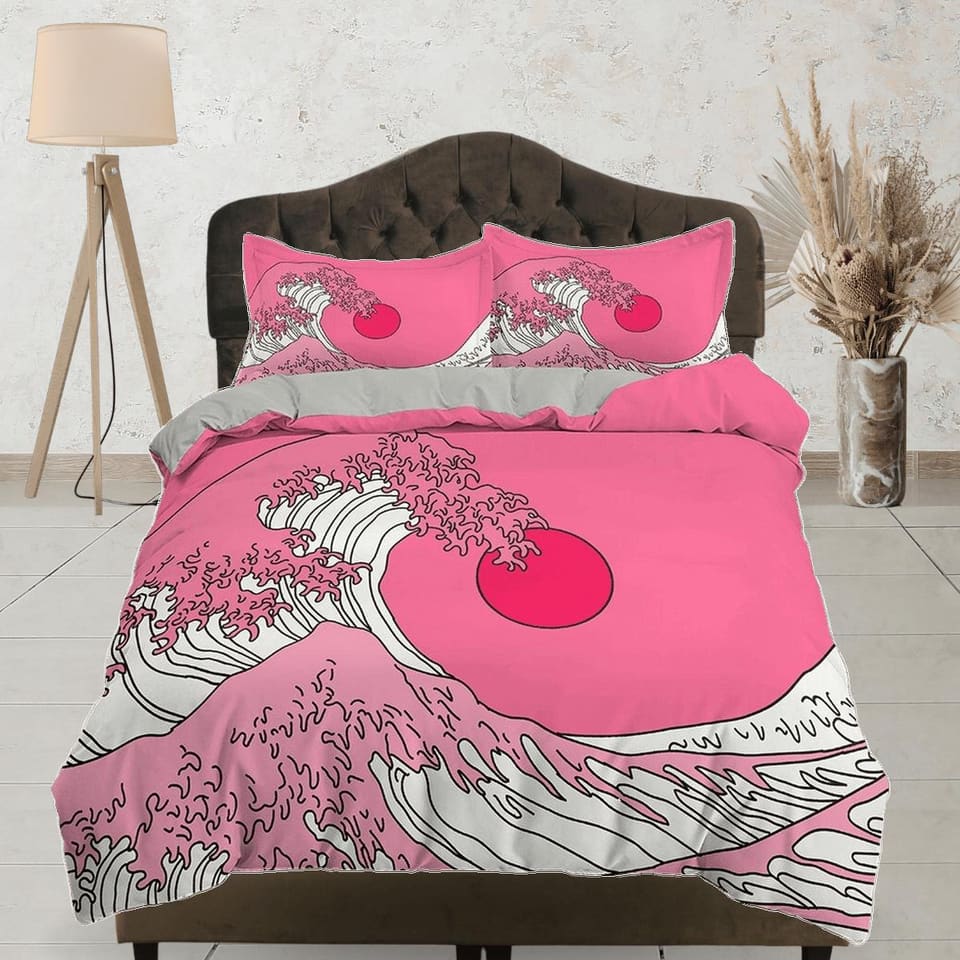 The Great Wave Bedding, Vaporwave Hippie Bedding, Japanese Duvet Cover Set, Aesthetic Pink Duvet Cover King Queen Full Twi…