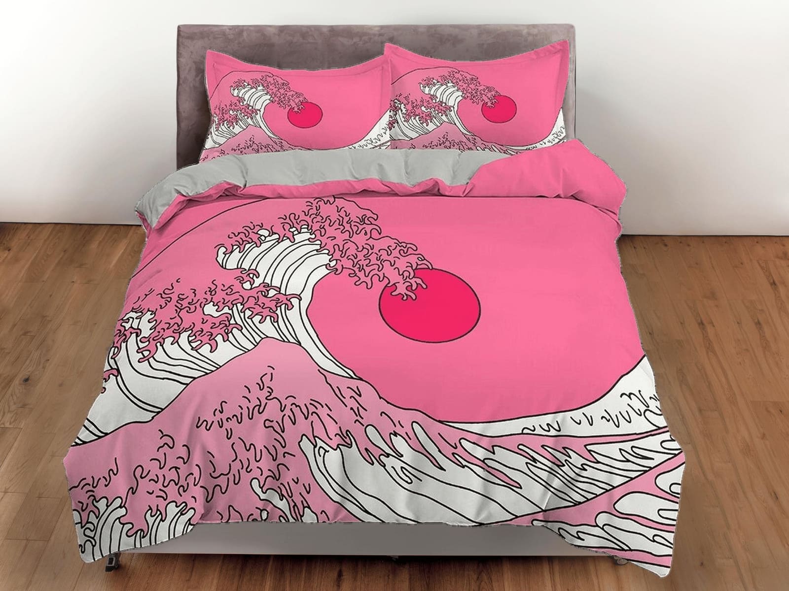 The Great Wave Bedding, Vaporwave Hippie Bedding, Japanese Duvet Cover Set, Aesthetic Pink Duvet Cover King Queen Full Twi…