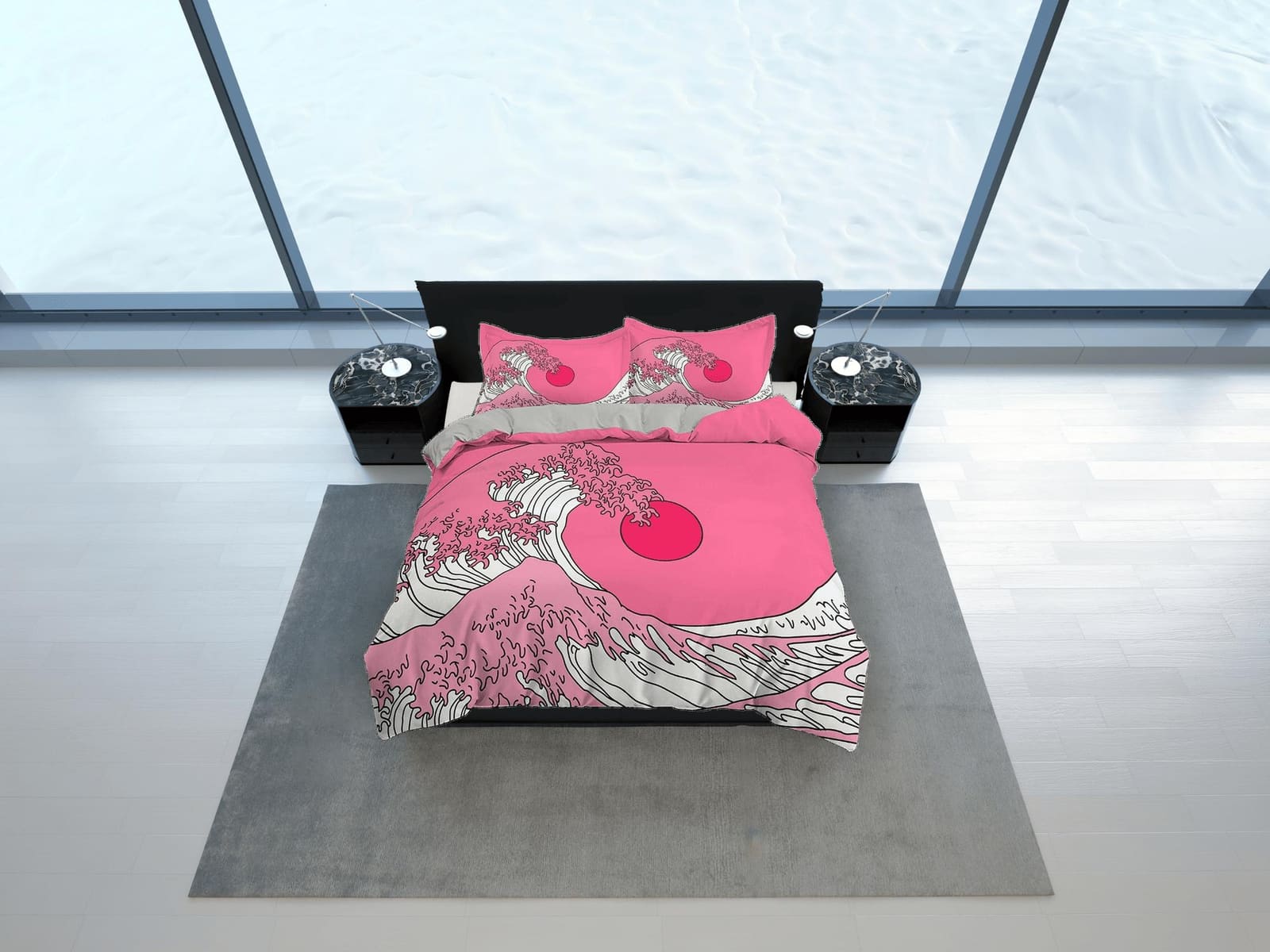 The Great Wave Bedding, Vaporwave Hippie Bedding, Japanese Duvet Cover Set, Aesthetic Pink Duvet Cover King Queen Full Twi…