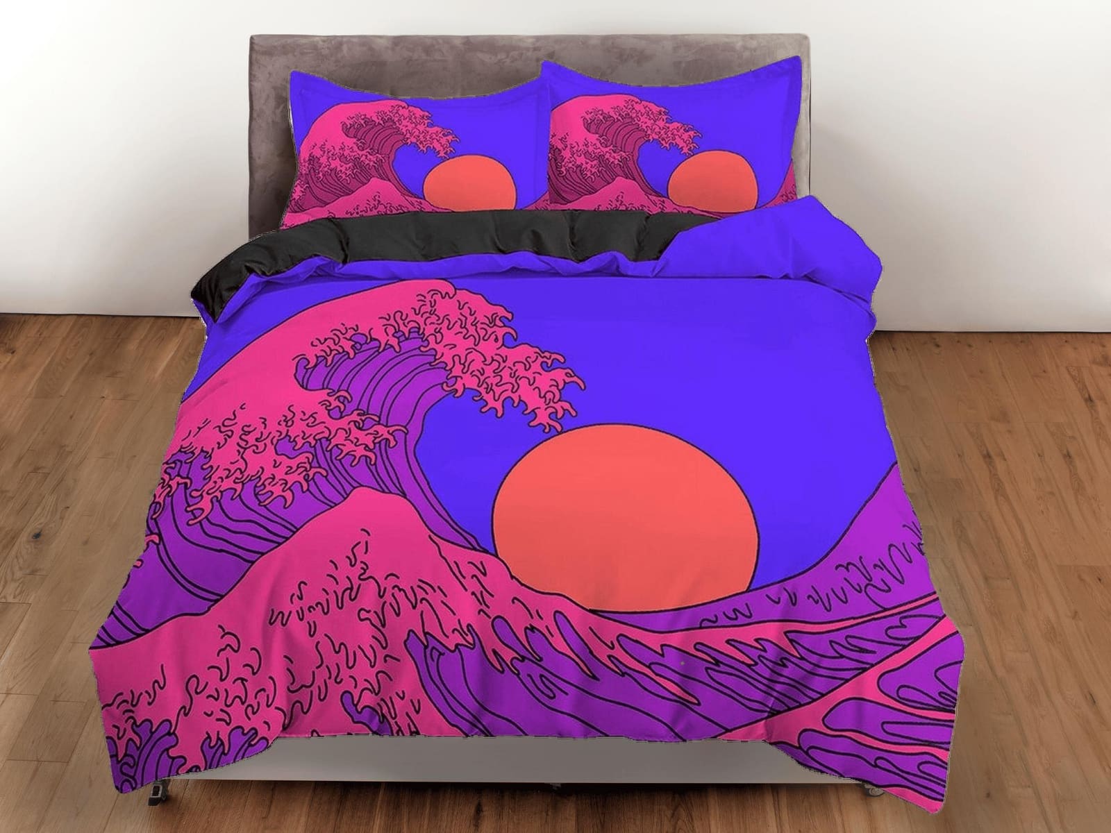 The Great Wave Bedding, Vaporwave Hippie Bedding, Japanese Duvet Cover Set, Aesthetic Purple Duvet Cover King Queen Full T…