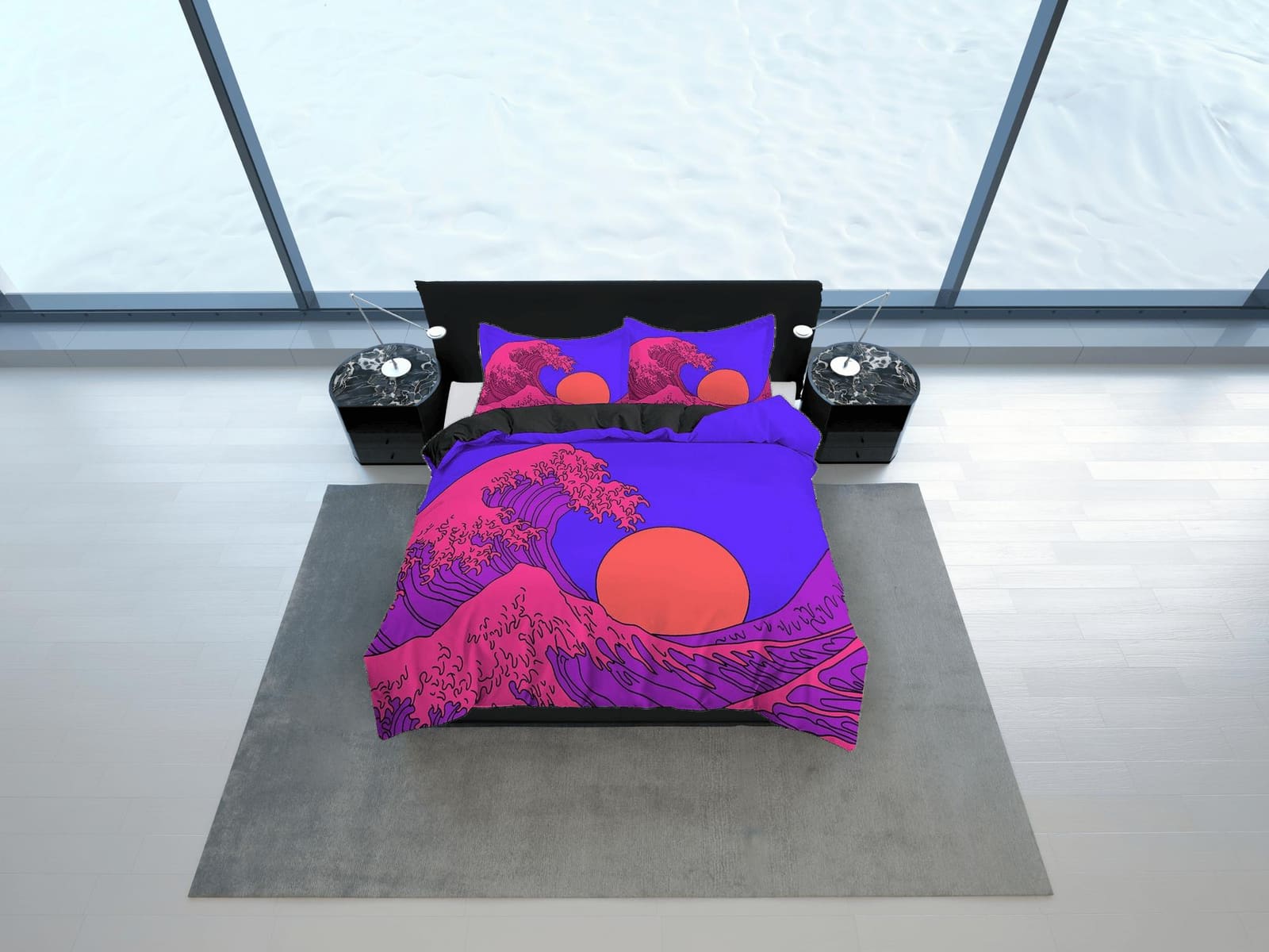 The Great Wave Bedding, Vaporwave Hippie Bedding, Japanese Duvet Cover Set, Aesthetic Purple Duvet Cover King Queen Full T…
