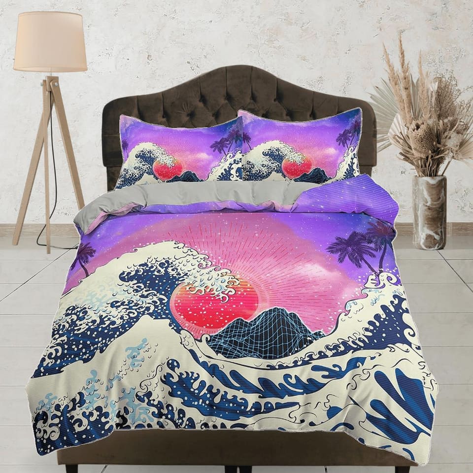The Great Wave of Kanagawa Bedding, Vaporwave Hippie Bedding, Japanese Duvet Cover Set, Aesthetic Purple Duvet Cover King…