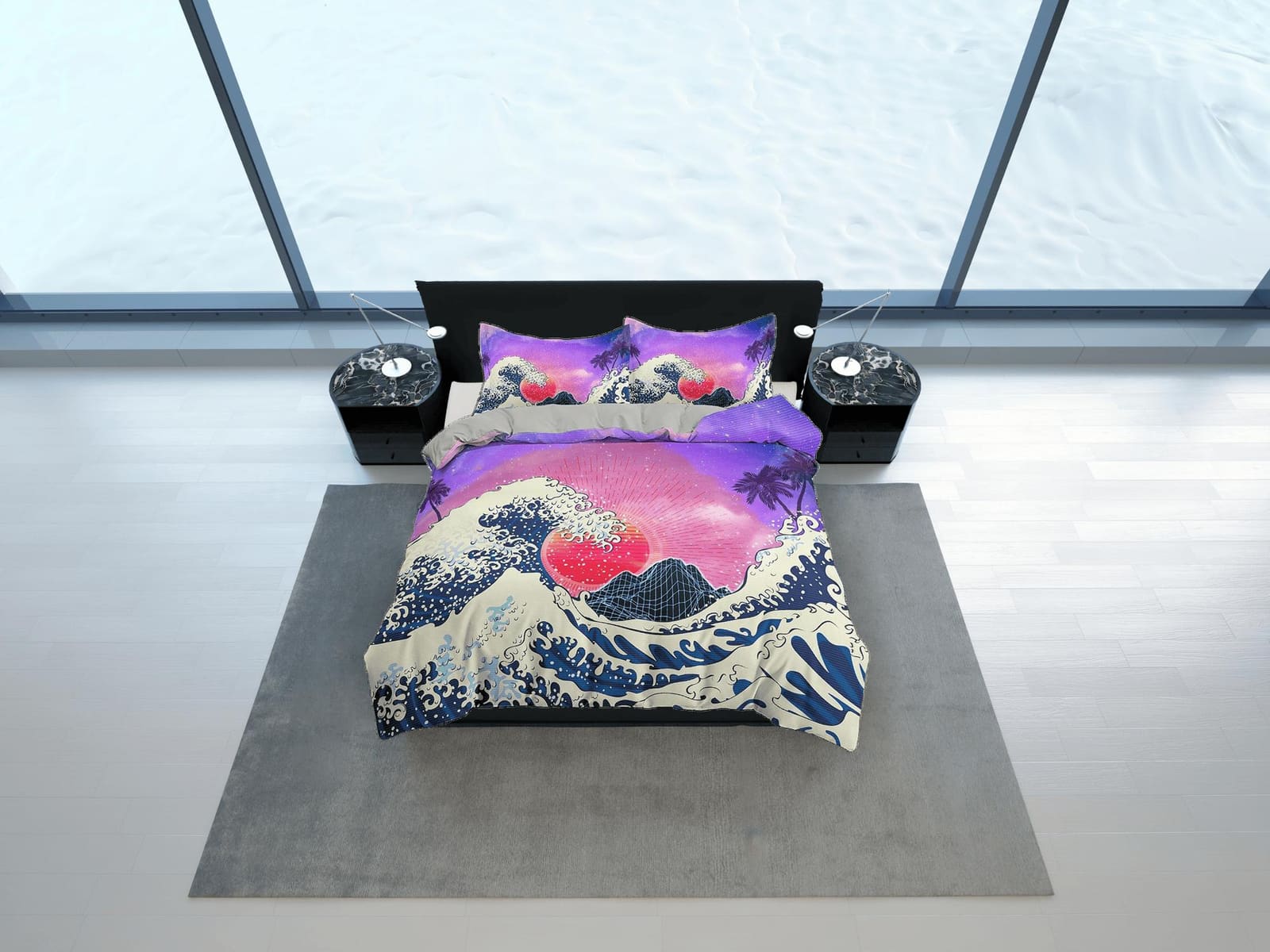 The Great Wave of Kanagawa Bedding, Vaporwave Hippie Bedding, Japanese Duvet Cover Set, Aesthetic Purple Duvet Cover King…