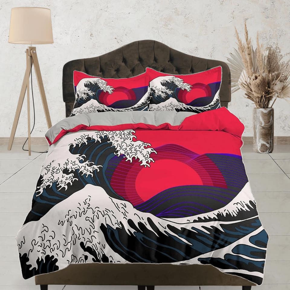 The Great Wave off Kanagawa Bedding, Vaporwave Hippie Bedding, Japanese Duvet Cover Set, Aesthetic Hot Pink Duvet Cover Ki…