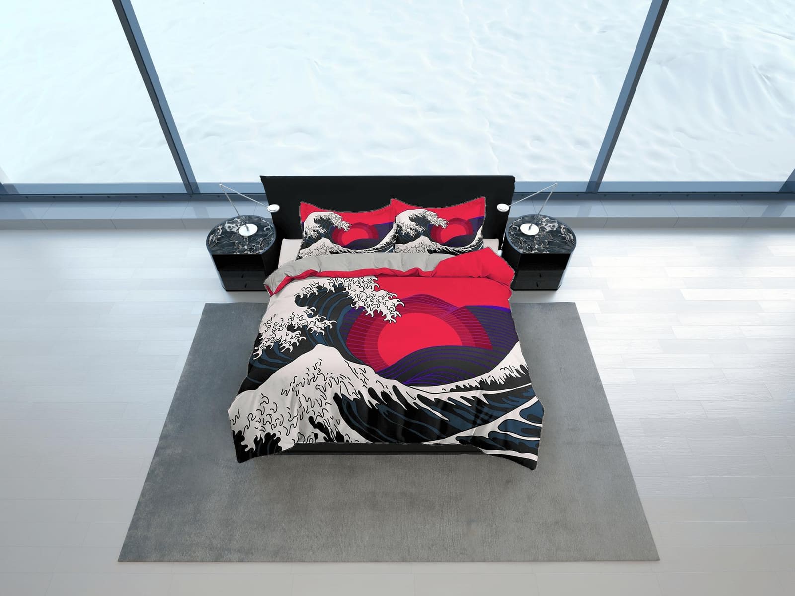 The Great Wave off Kanagawa Bedding, Vaporwave Hippie Bedding, Japanese Duvet Cover Set, Aesthetic Hot Pink Duvet Cover Ki…
