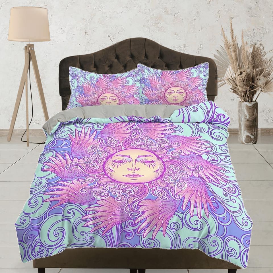 The Sun Tarot Astrology Boho Bedding in Pastel Colors, Dorm Bedding, Duvet Cover Set, Aesthetic Duvet Cover King Queen Ful…