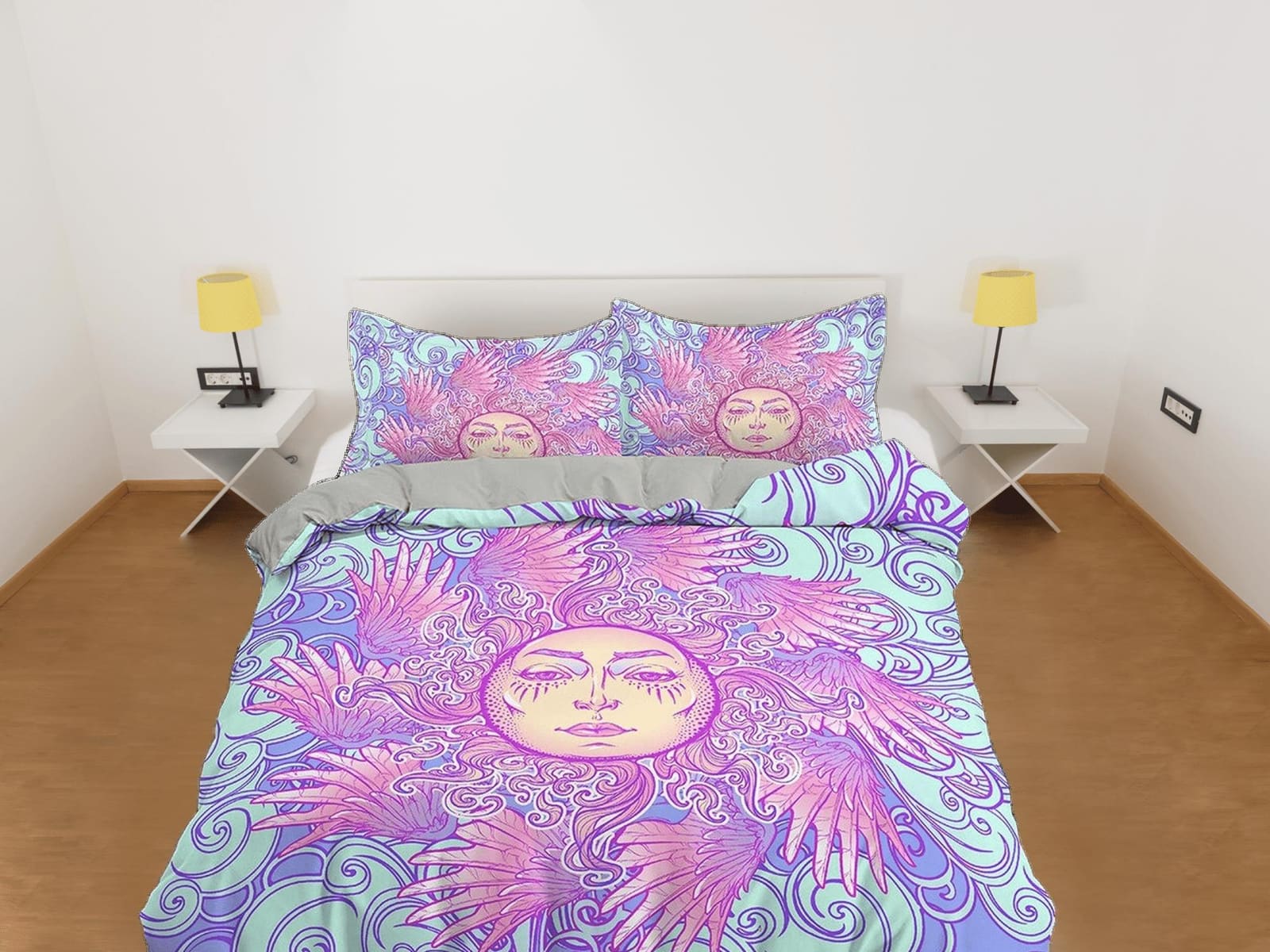 The Sun Tarot Astrology Boho Bedding in Pastel Colors, Dorm Bedding, Duvet Cover Set, Aesthetic Duvet Cover King Queen Ful…