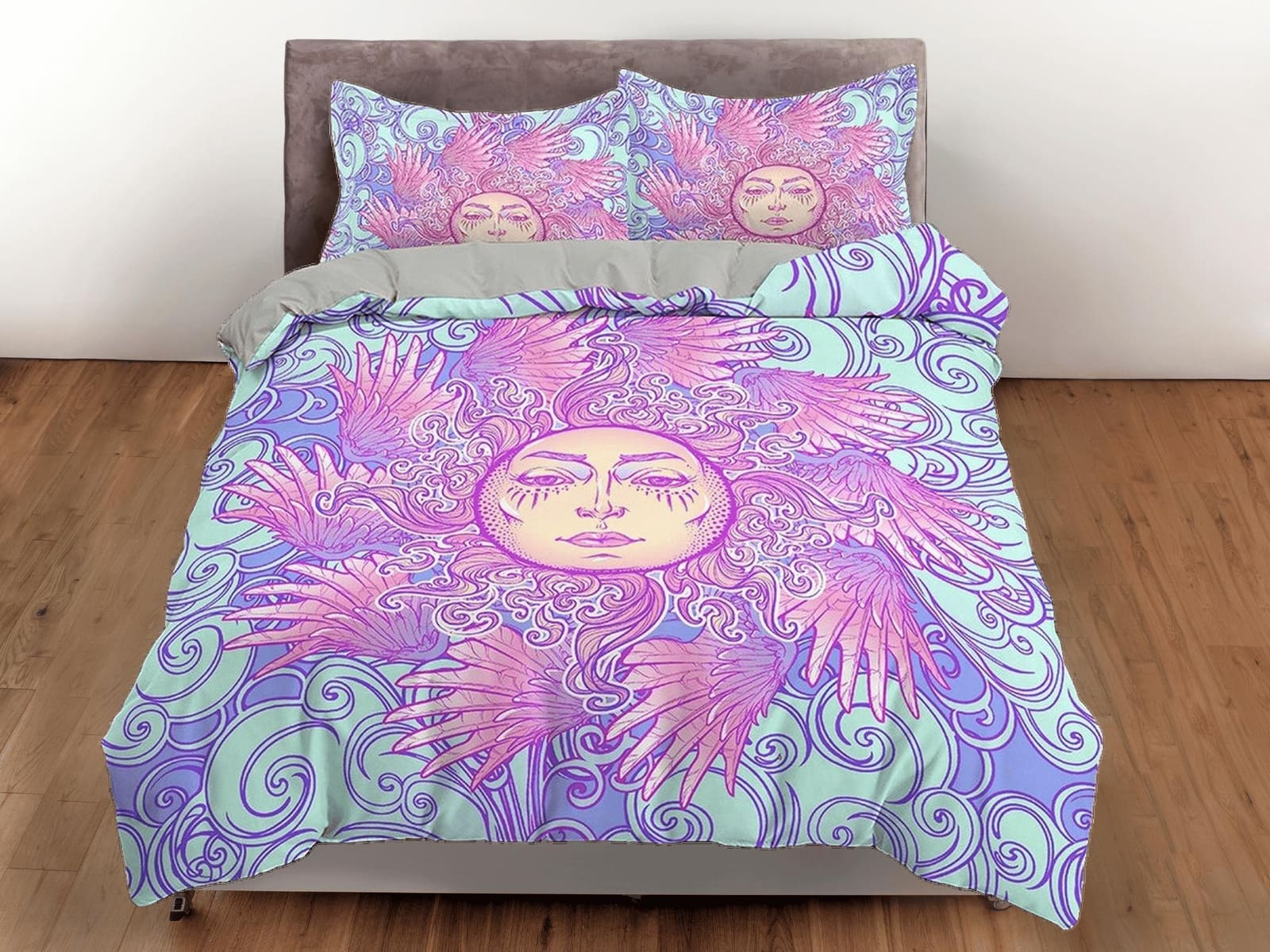 The Sun Tarot Astrology Boho Bedding in Pastel Colors, Dorm Bedding, Duvet Cover Set, Aesthetic Duvet Cover King Queen Ful…