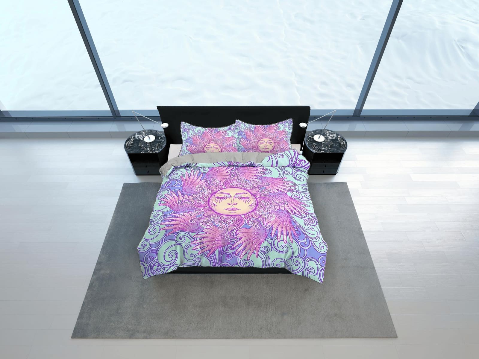 The Sun Tarot Astrology Boho Bedding in Pastel Colors, Dorm Bedding, Duvet Cover Set, Aesthetic Duvet Cover King Queen Ful…