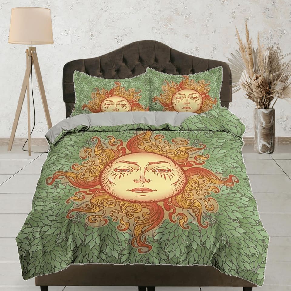 The Sun Tarot Astrology Boho Bedding Sage Green, Zodiac Gift Celestial Dorm Bedding, Duvet Cover, Aesthetic Duvet King Que…