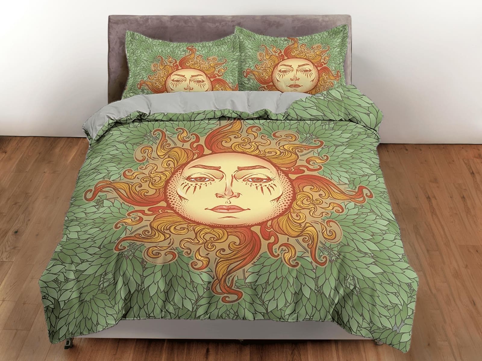 The Sun Tarot Astrology Boho Bedding Sage Green, Zodiac Gift Celestial Dorm Bedding, Duvet Cover, Aesthetic Duvet King Que…