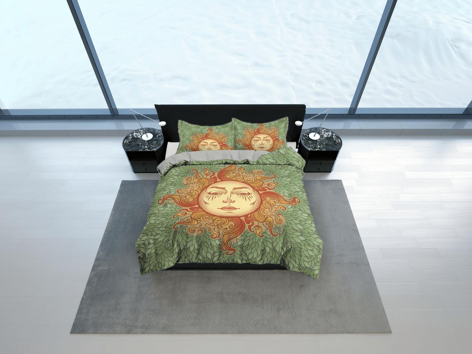 The Sun Tarot Astrology Boho Bedding Sage Green, Zodiac Gift Celestial Dorm Bedding, Duvet Cover, Aesthetic Duvet King Que…