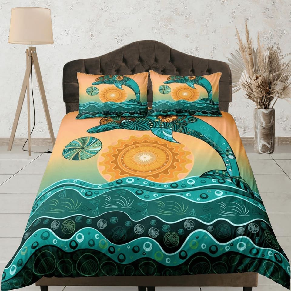 Tribal dolphin ethnic bedding orange green duvet cover, ocean blush decor bottle nose dolphin bedding set full king queen…