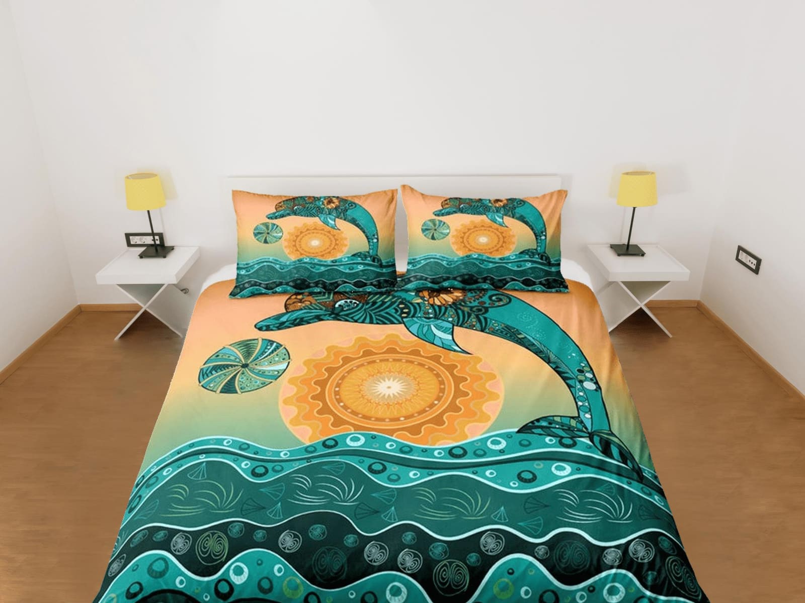 Tribal dolphin ethnic bedding orange green duvet cover, ocean blush decor bottle nose dolphin bedding set full king queen…