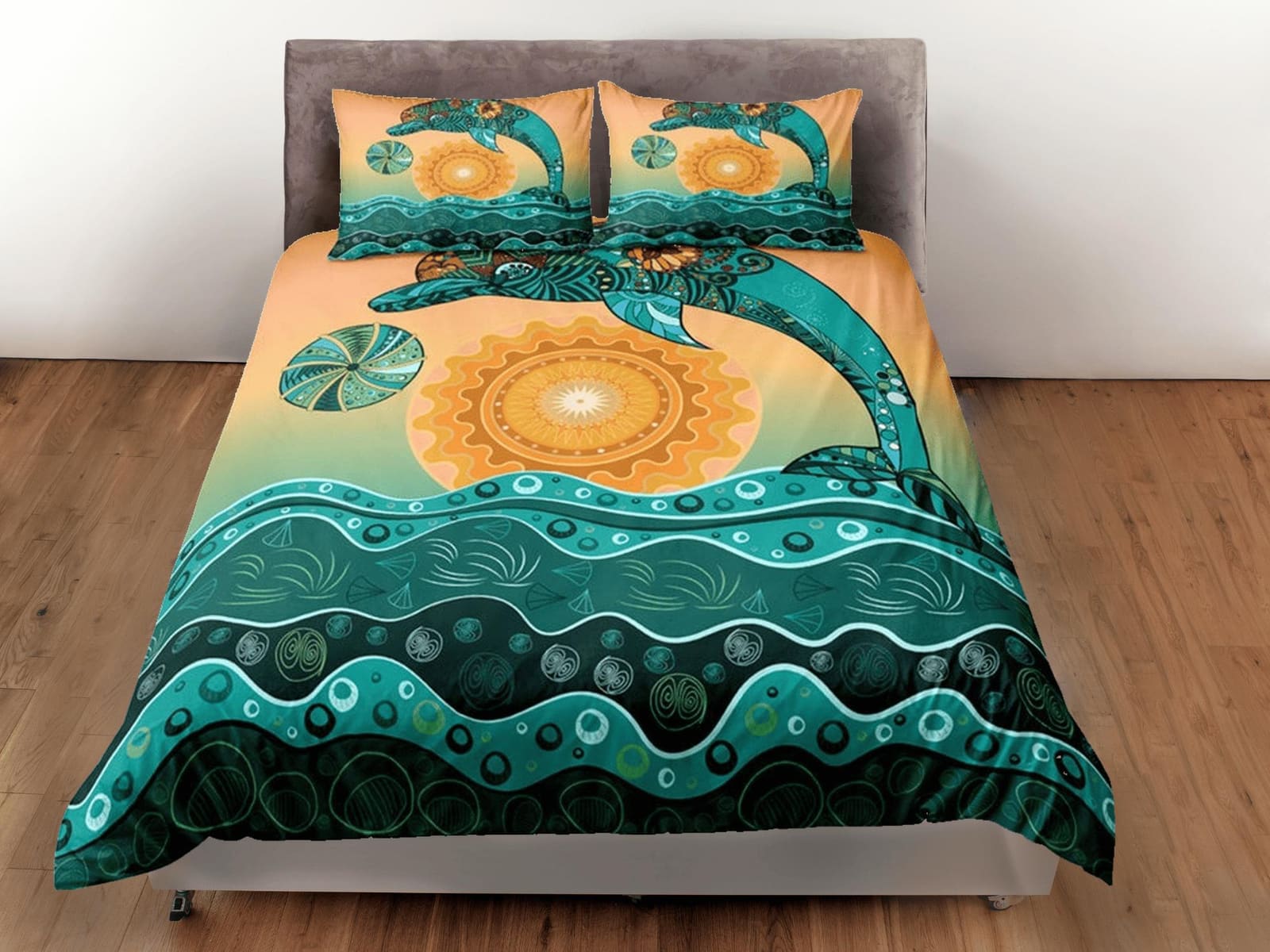 Tribal dolphin ethnic bedding orange green duvet cover, ocean blush decor bottle nose dolphin bedding set full king queen…