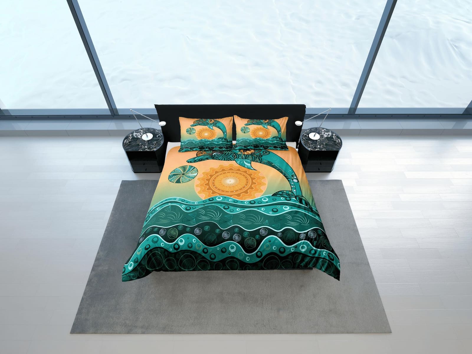 Tribal dolphin ethnic bedding orange green duvet cover, ocean blush decor bottle nose dolphin bedding set full king queen…