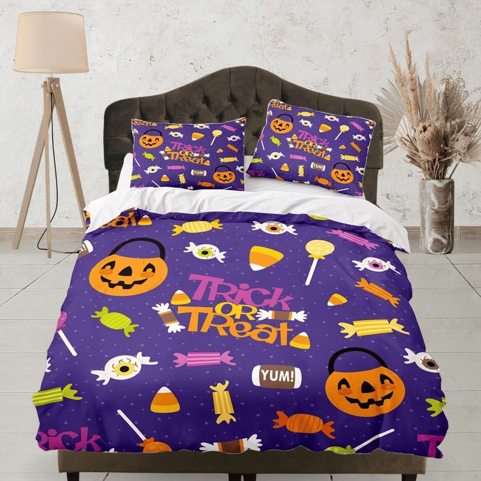 Trick or treat halloween full bedding & pillowcase, periwinkle purple duvet cover set dorm bedding, nursery toddler beddin…