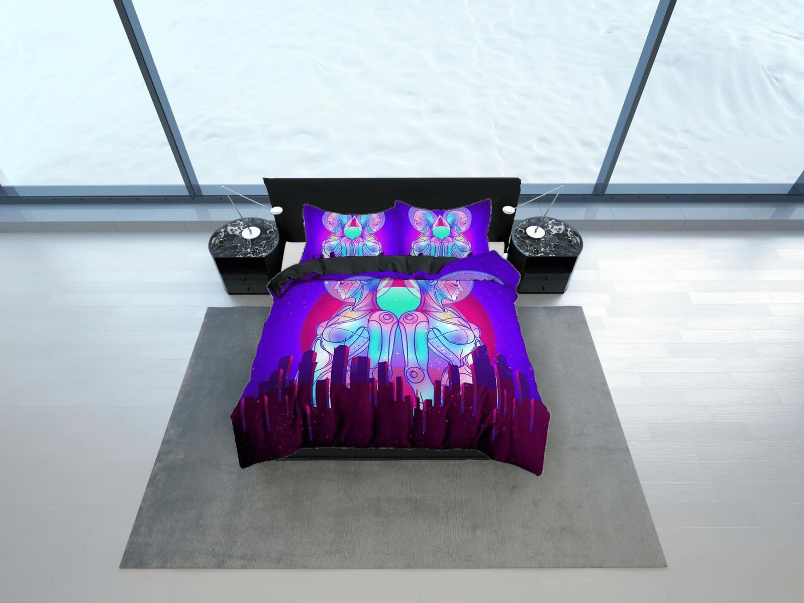 Trippy Art Skyscraper City Buildings Purple Bedding, Cool Hippie Psychedelic Duvet Cover Set, Vaporwave Unisex Bed Cover,…