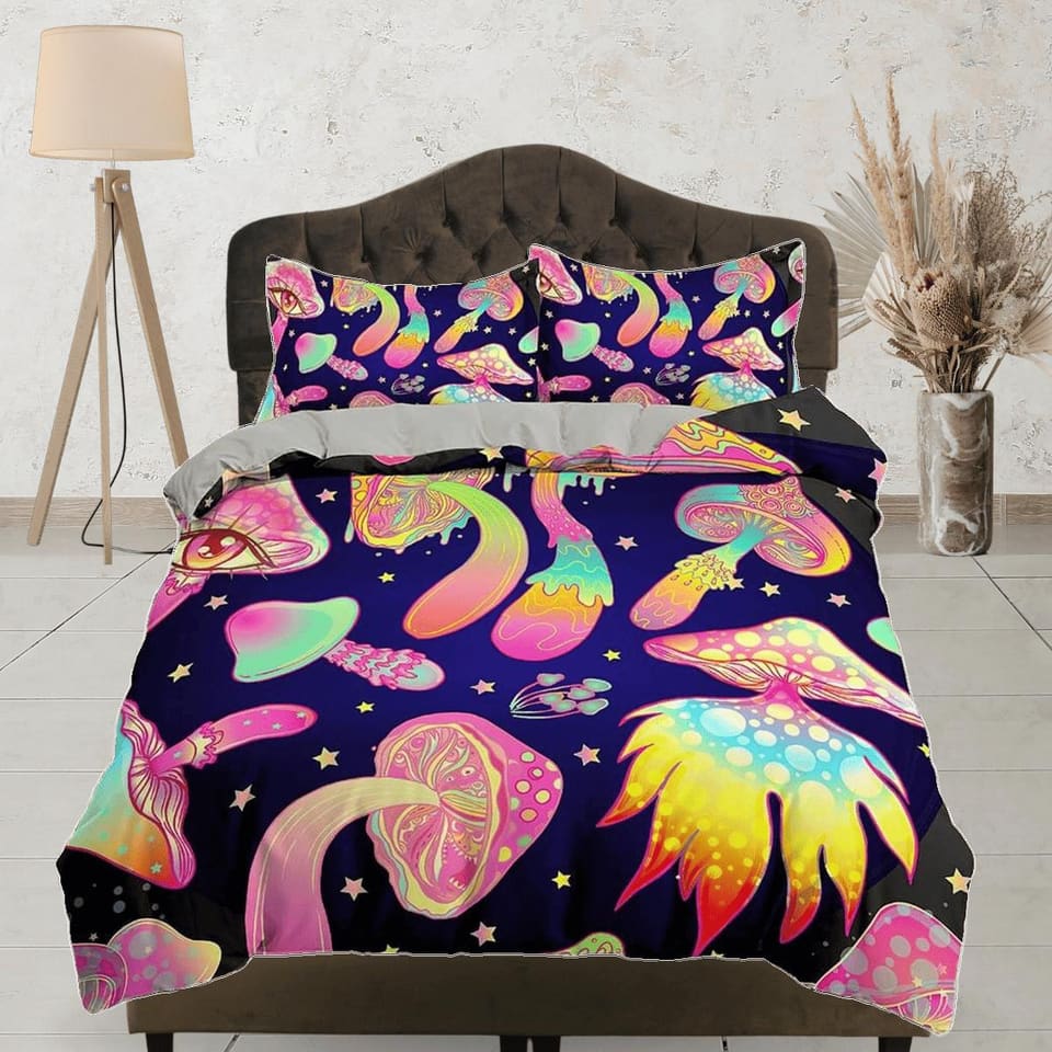 Trippy pink mushrooms duvet cover hippie bedding set full, queen, king, preppy dorm bedding, indie room decor, aesthetic b…