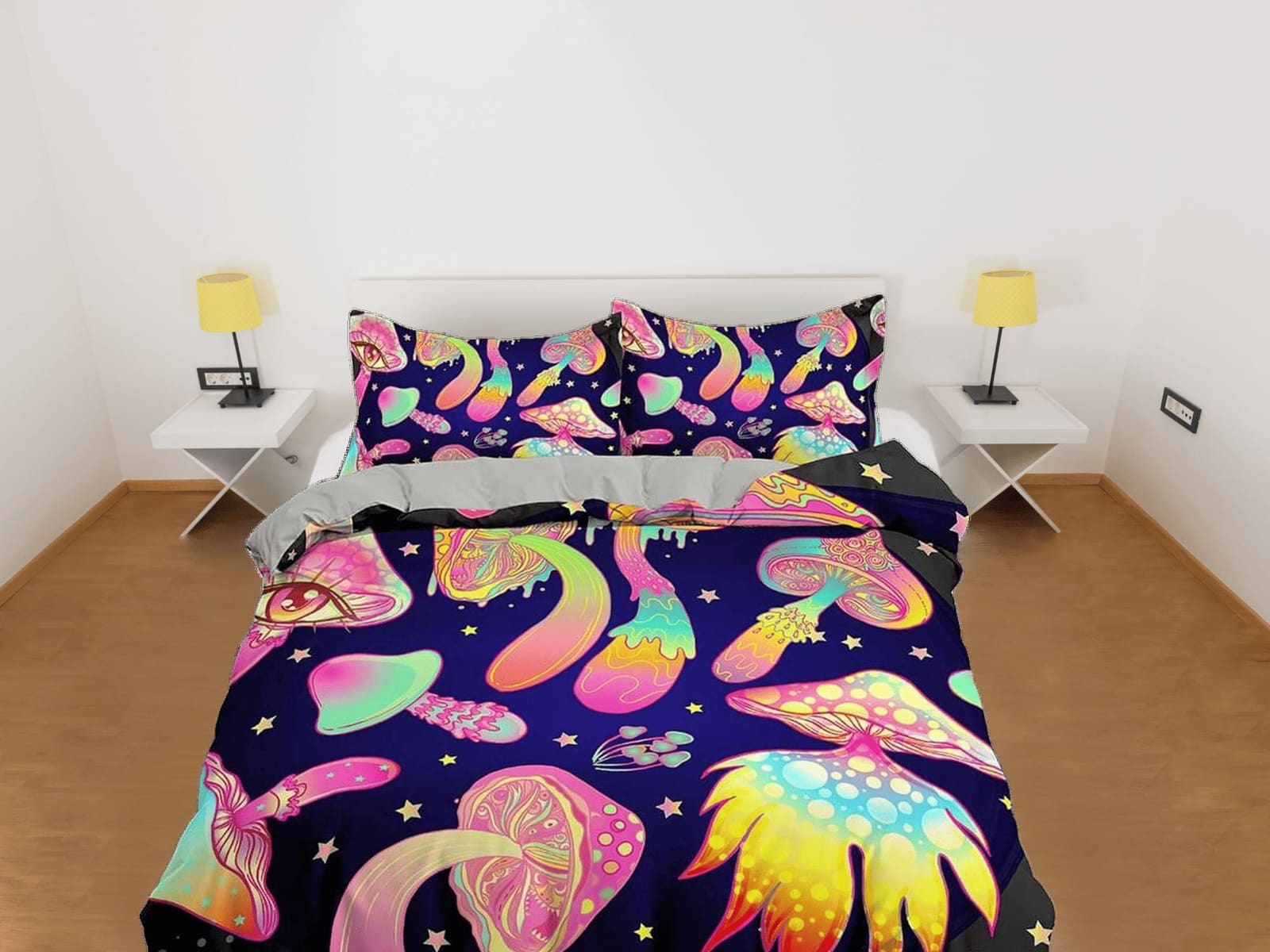 Trippy pink mushrooms duvet cover hippie bedding set full, queen, king, preppy dorm bedding, indie room decor, aesthetic b…
