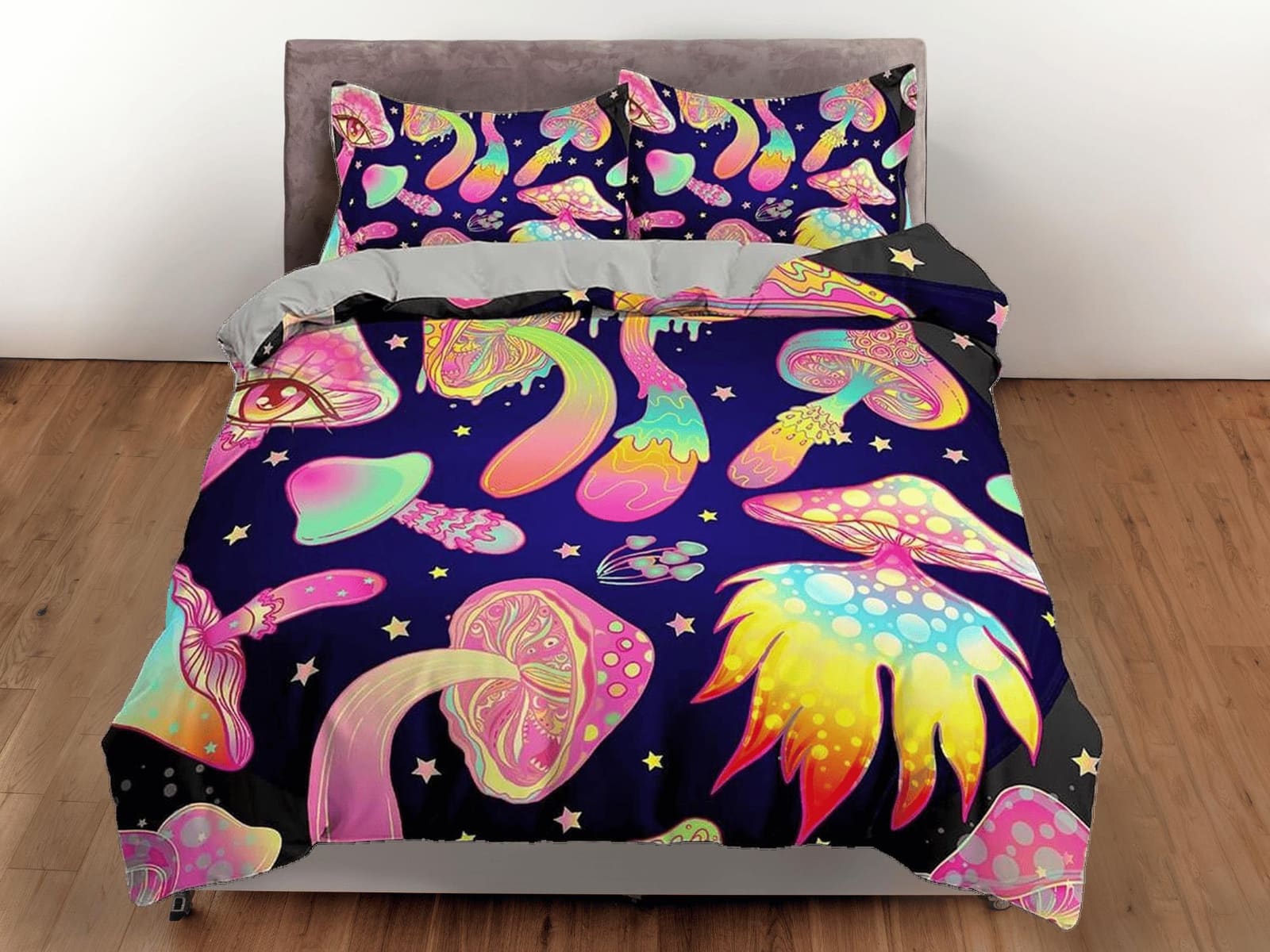 Trippy pink mushrooms duvet cover hippie bedding set full, queen, king, preppy dorm bedding, indie room decor, aesthetic b…