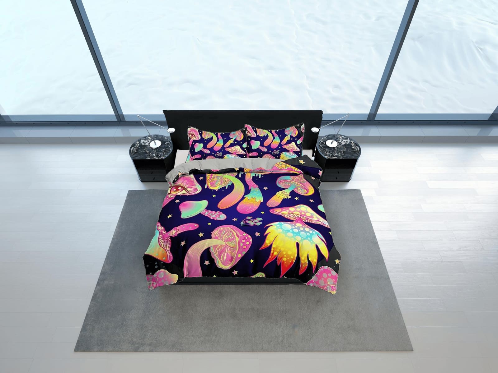 Trippy pink mushrooms duvet cover hippie bedding set full, queen, king, preppy dorm bedding, indie room decor, aesthetic b…