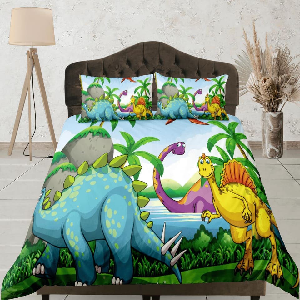 Tropical dinosaur bedding, kids bedding full, cute duvet cover set, dinosaur nursery bed decor, colorful bedding, baby din…