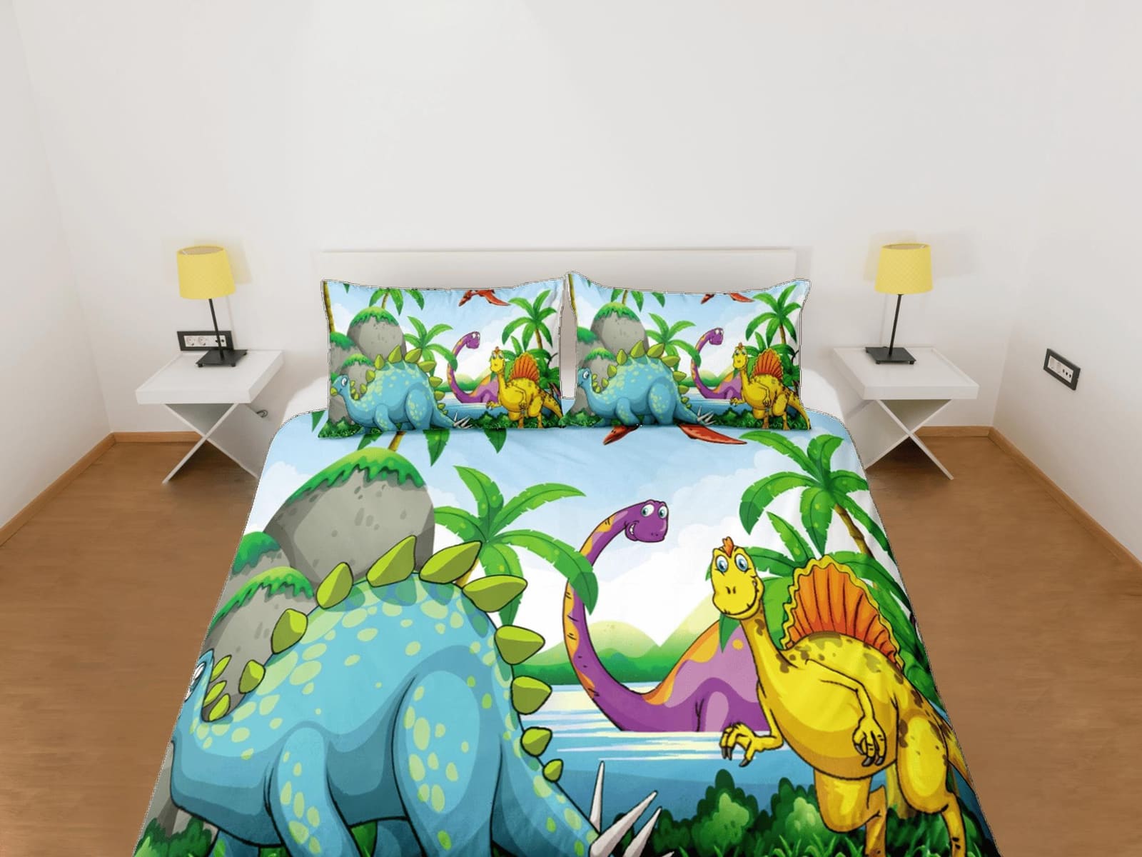 Tropical dinosaur bedding, kids bedding full, cute duvet cover set, dinosaur nursery bed decor, colorful bedding, baby din…
