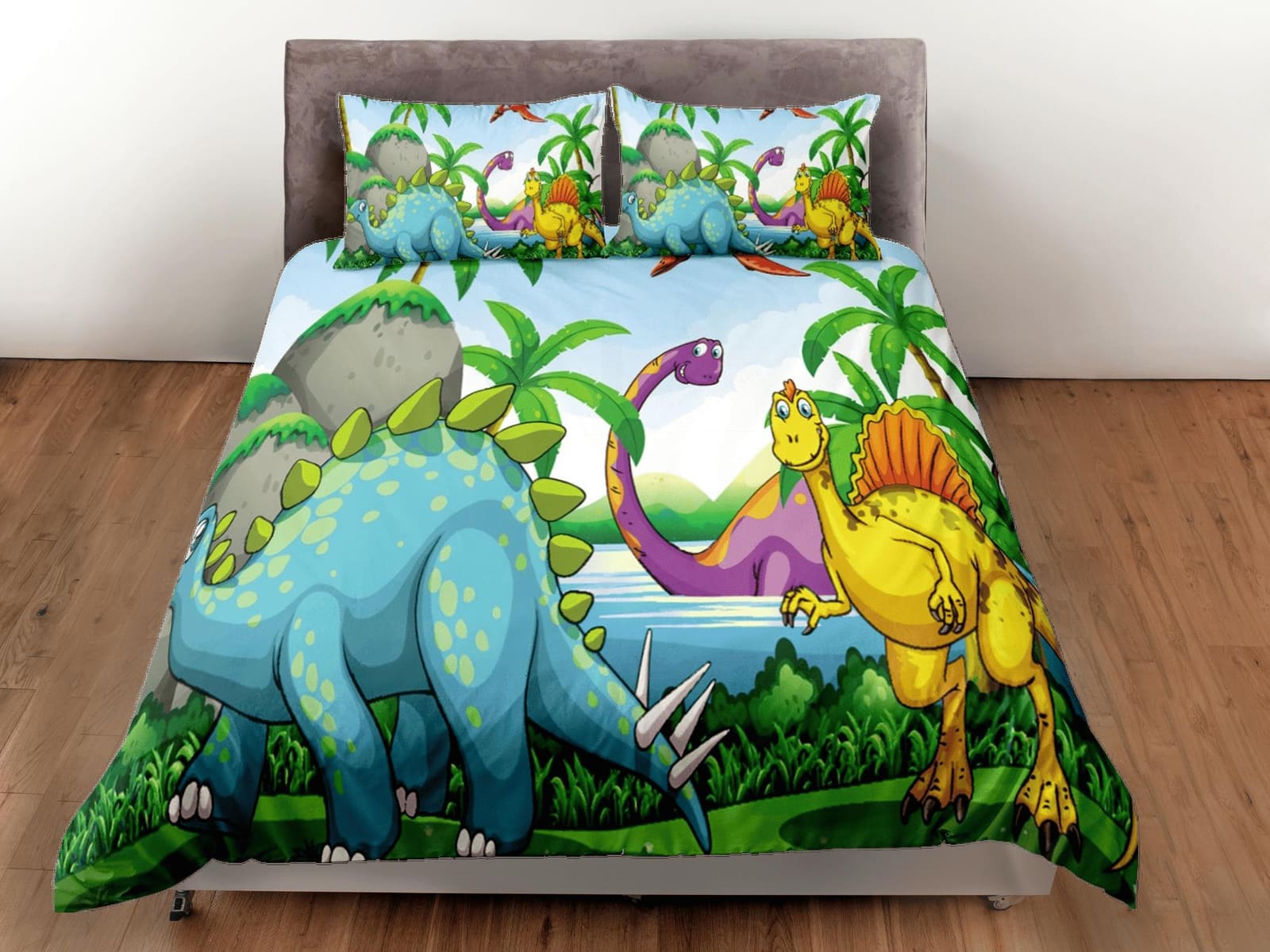 Tropical dinosaur bedding, kids bedding full, cute duvet cover set, dinosaur nursery bed decor, colorful bedding, baby din…