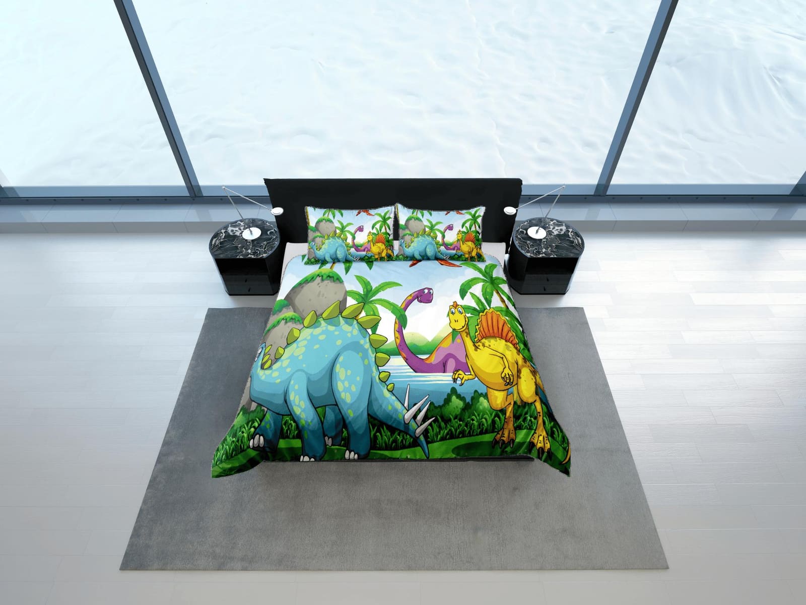 Tropical dinosaur bedding, kids bedding full, cute duvet cover set, dinosaur nursery bed decor, colorful bedding, baby din…