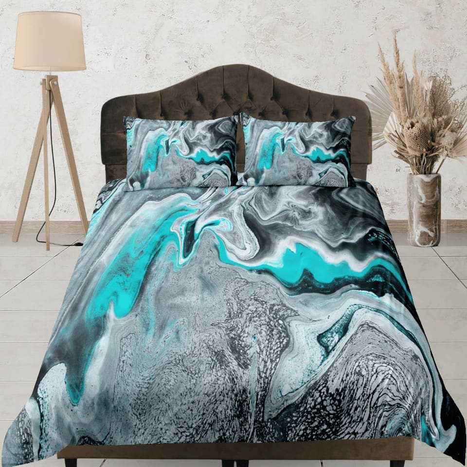 Turquoise green contemporary bedroom set aesthetic duvet cover, alcohol ink abstract art room decor boho chic bedding set…
