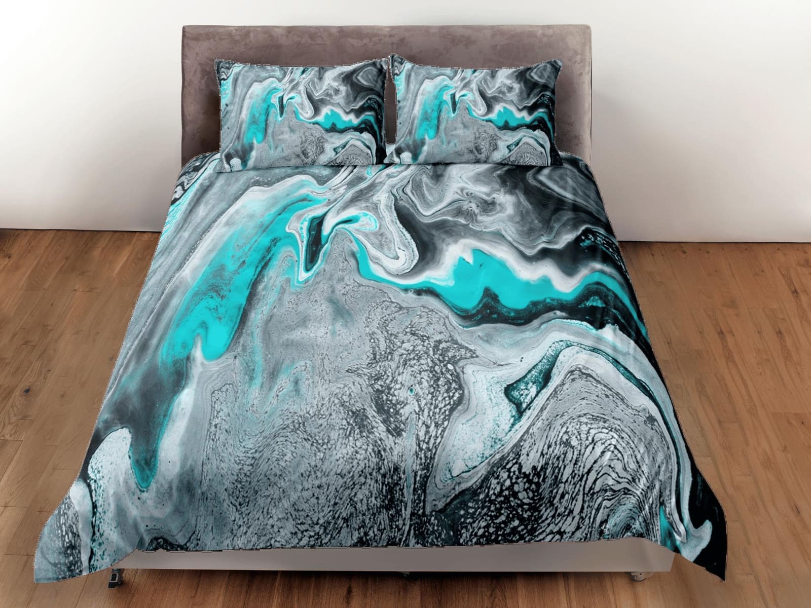Turquoise green contemporary bedroom set aesthetic duvet cover, alcohol ink abstract art room decor boho chic bedding set…