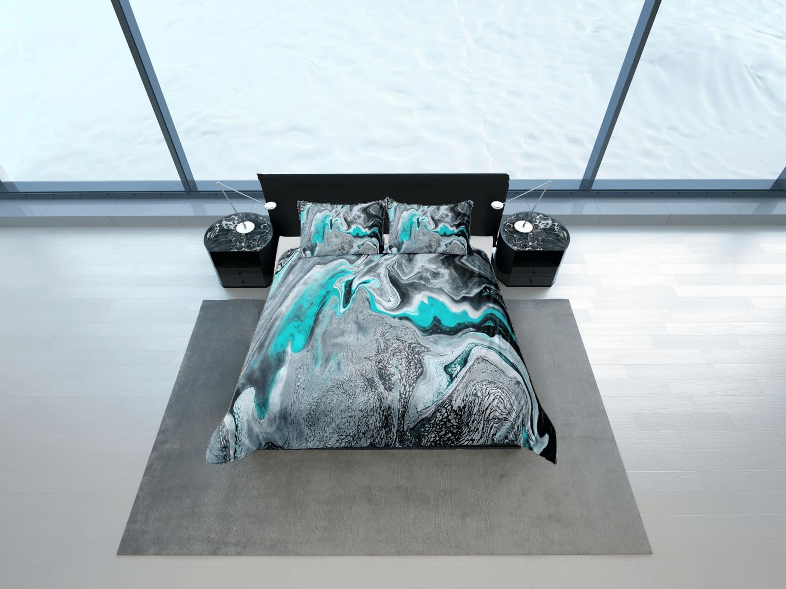 Turquoise green contemporary bedroom set aesthetic duvet cover, alcohol ink abstract art room decor boho chic bedding set…
