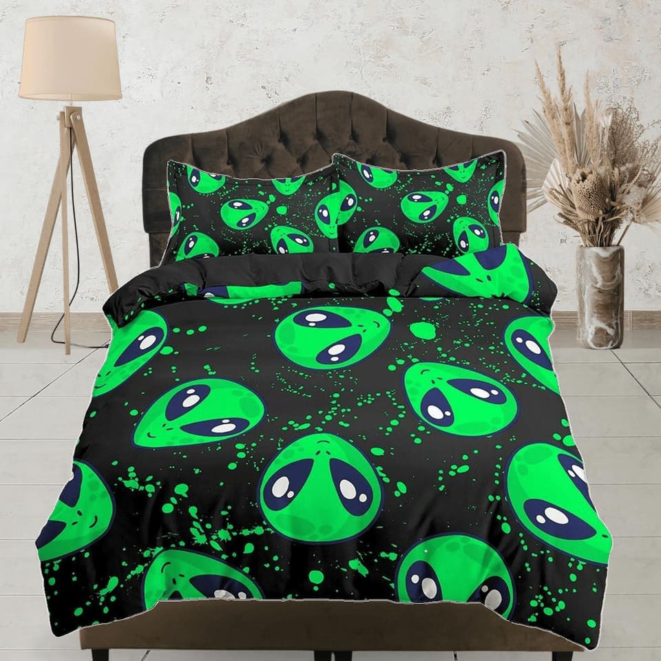 Ufo aliens neon green toddler bedding, duvet cover for nursery kids, crib bedding with pillowcase, baby zipper bedding, ki…