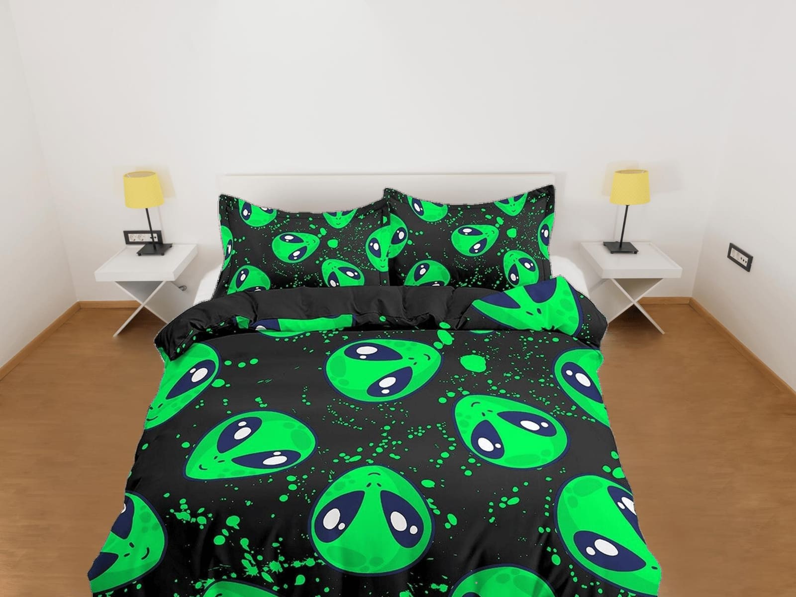 Ufo aliens neon green toddler bedding, duvet cover for nursery kids, crib bedding with pillowcase, baby zipper bedding, ki…