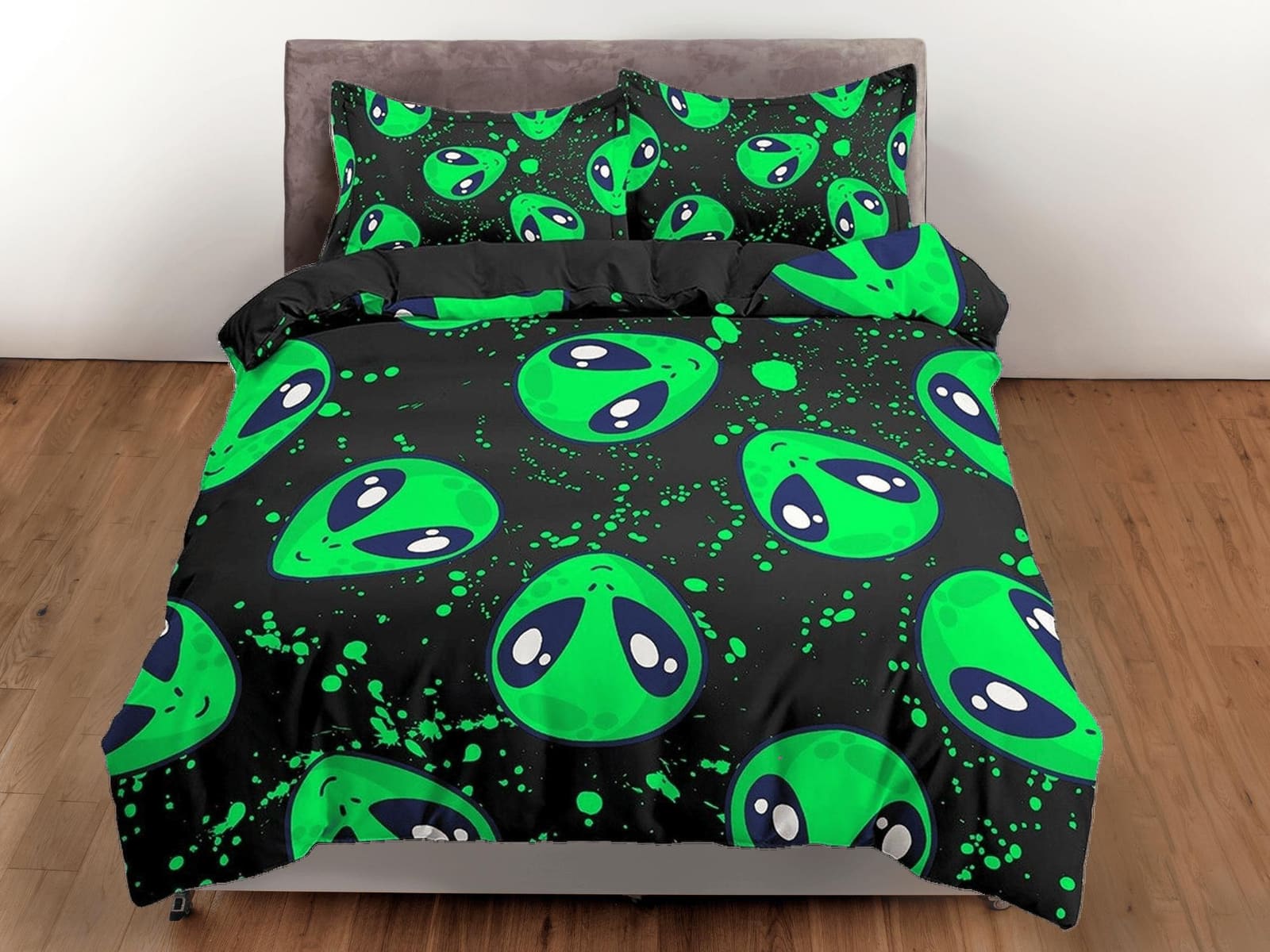 Ufo aliens neon green toddler bedding, duvet cover for nursery kids, crib bedding with pillowcase, baby zipper bedding, ki…