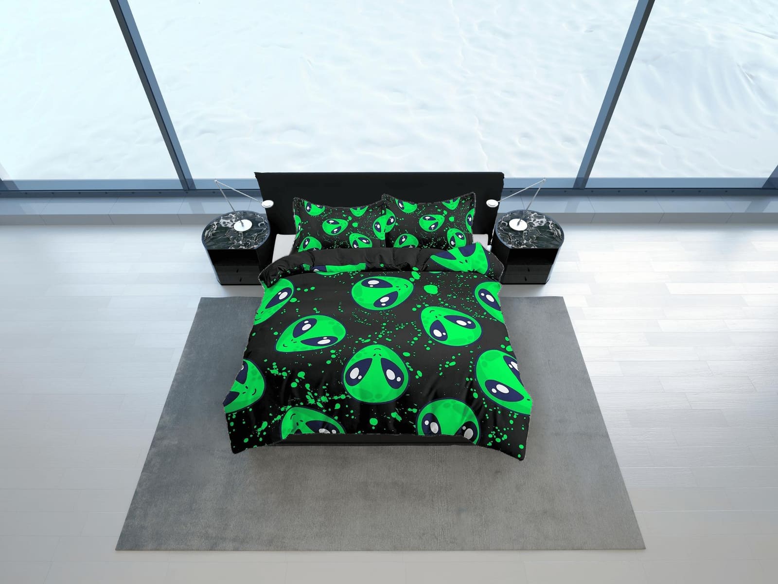 Ufo aliens neon green toddler bedding, duvet cover for nursery kids, crib bedding with pillowcase, baby zipper bedding, ki…