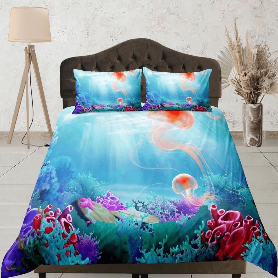 Under the sea jellyfish bedding blue duvet cover, ocean blush sea animal bedding set full king queen twin crib toddler, do…