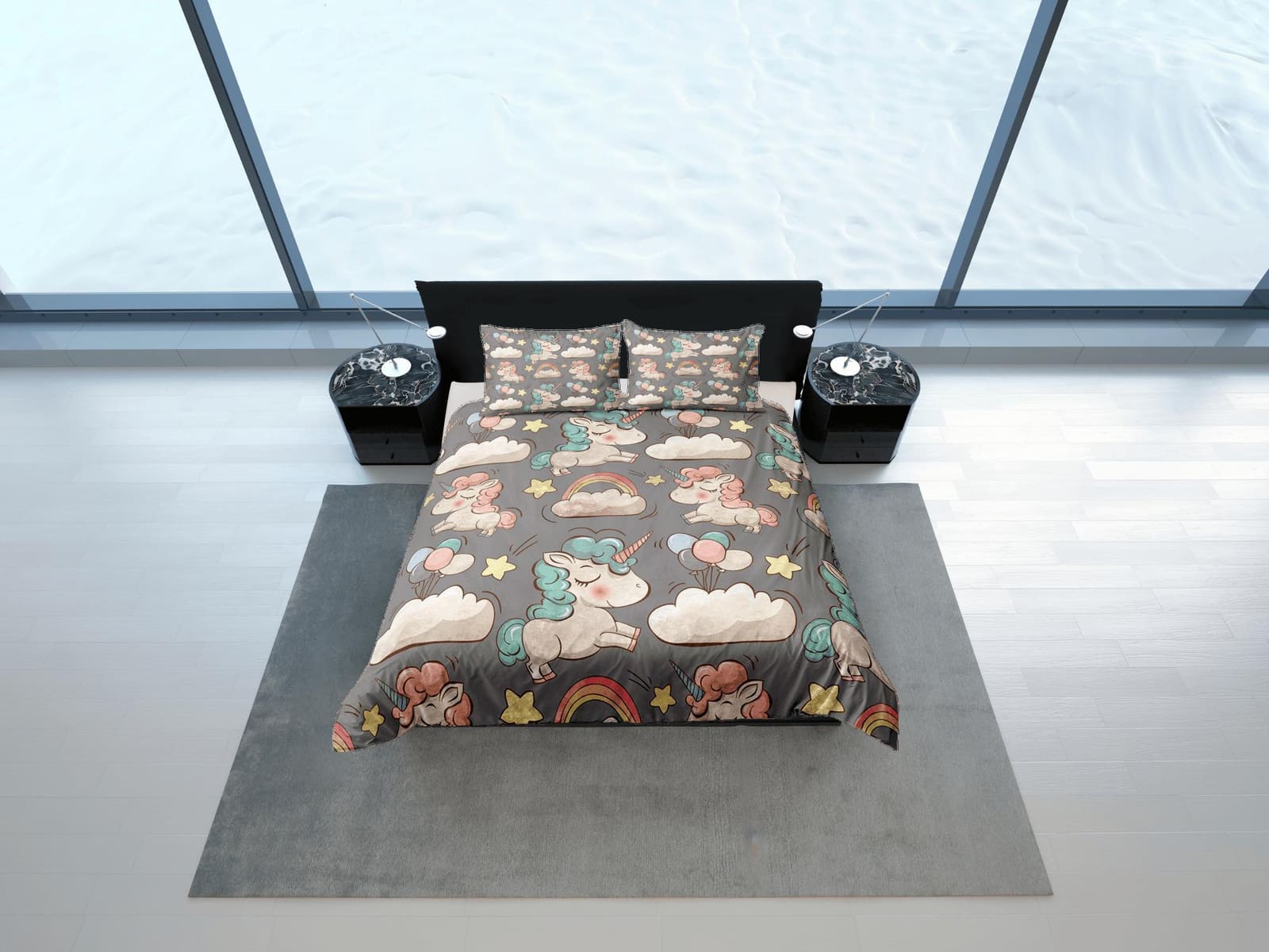 Unicorn Grey Duvet Cover Set Cute Bedspread, Animal Dorm Bedding with Pillowcase