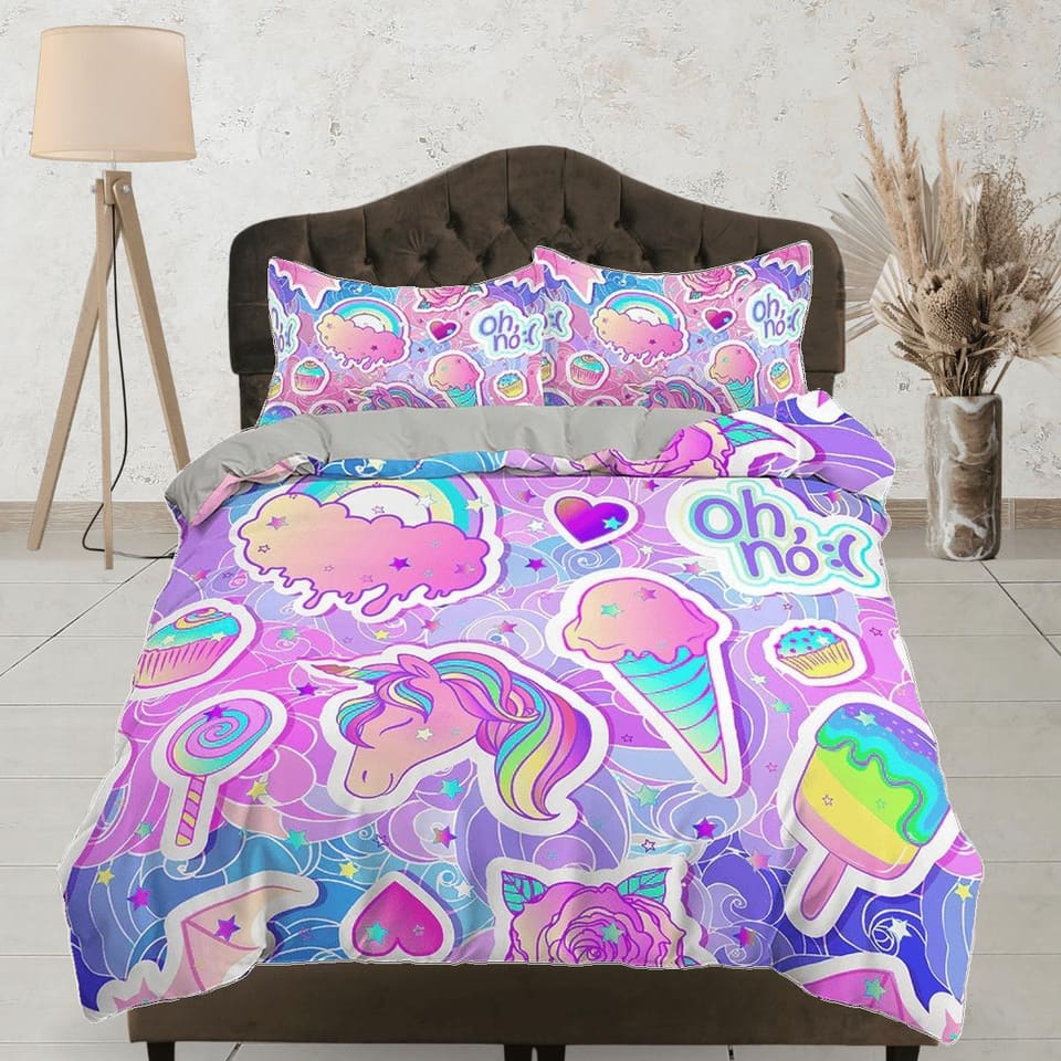 Unicorn Rainbow Colored Kids Duvet Cover Set, Colorful Toddler Bedding, Kids Bedroom, Cute Ice Cream Bedding, King Queen F…