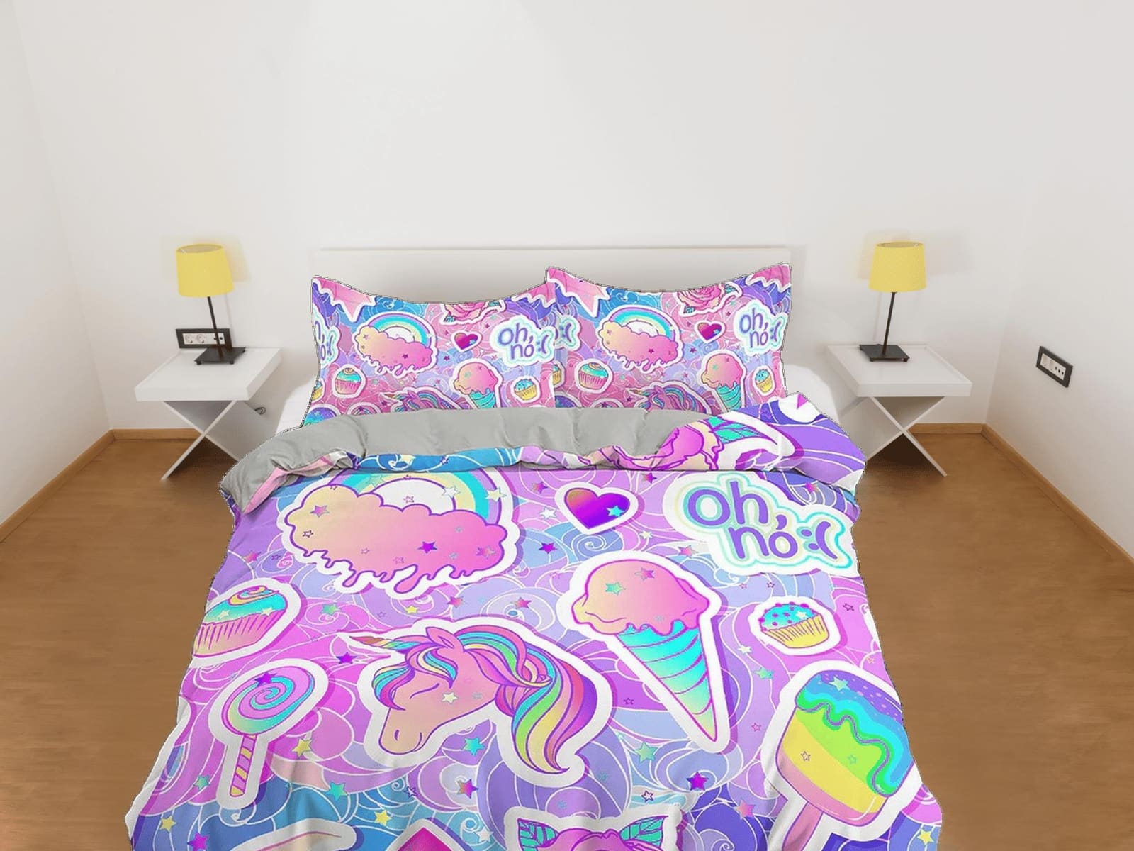 Unicorn Rainbow Colored Kids Duvet Cover Set, Colorful Toddler Bedding, Kids Bedroom, Cute Ice Cream Bedding, King Queen F…