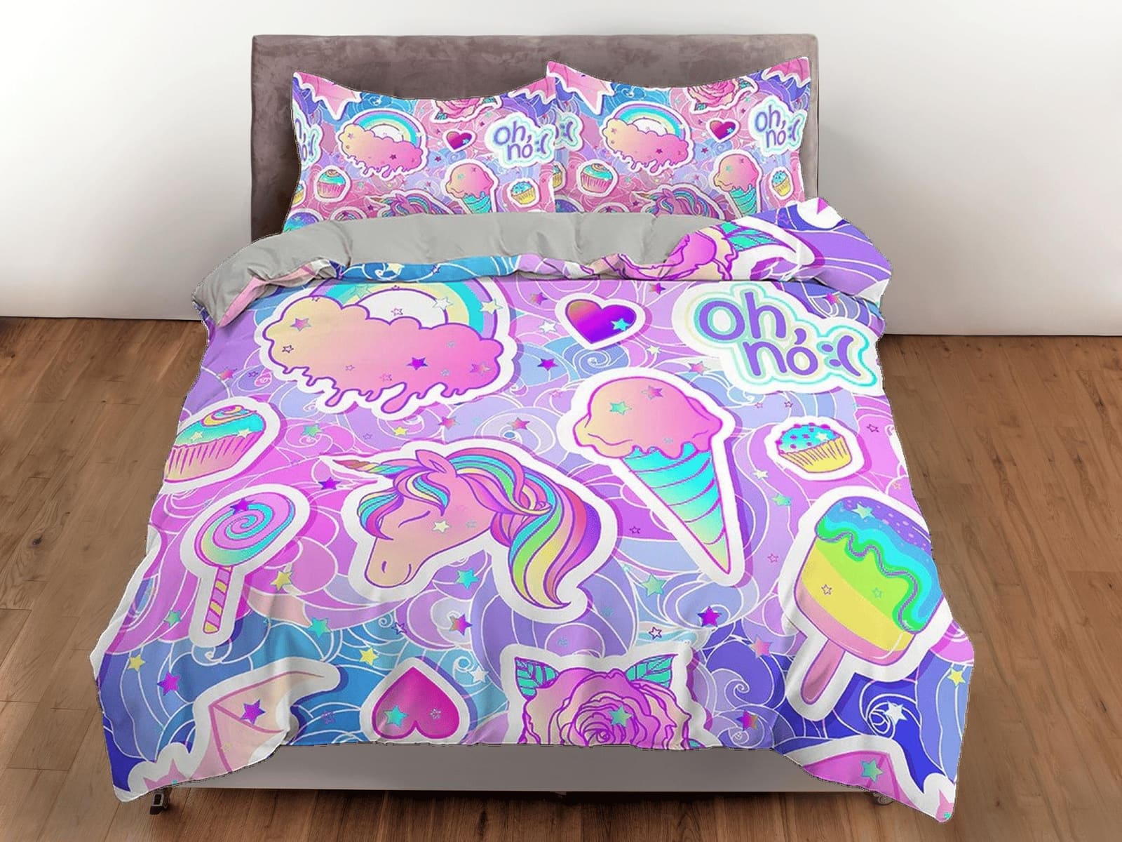 Unicorn Rainbow Colored Kids Duvet Cover Set, Colorful Toddler Bedding, Kids Bedroom, Cute Ice Cream Bedding, King Queen F…