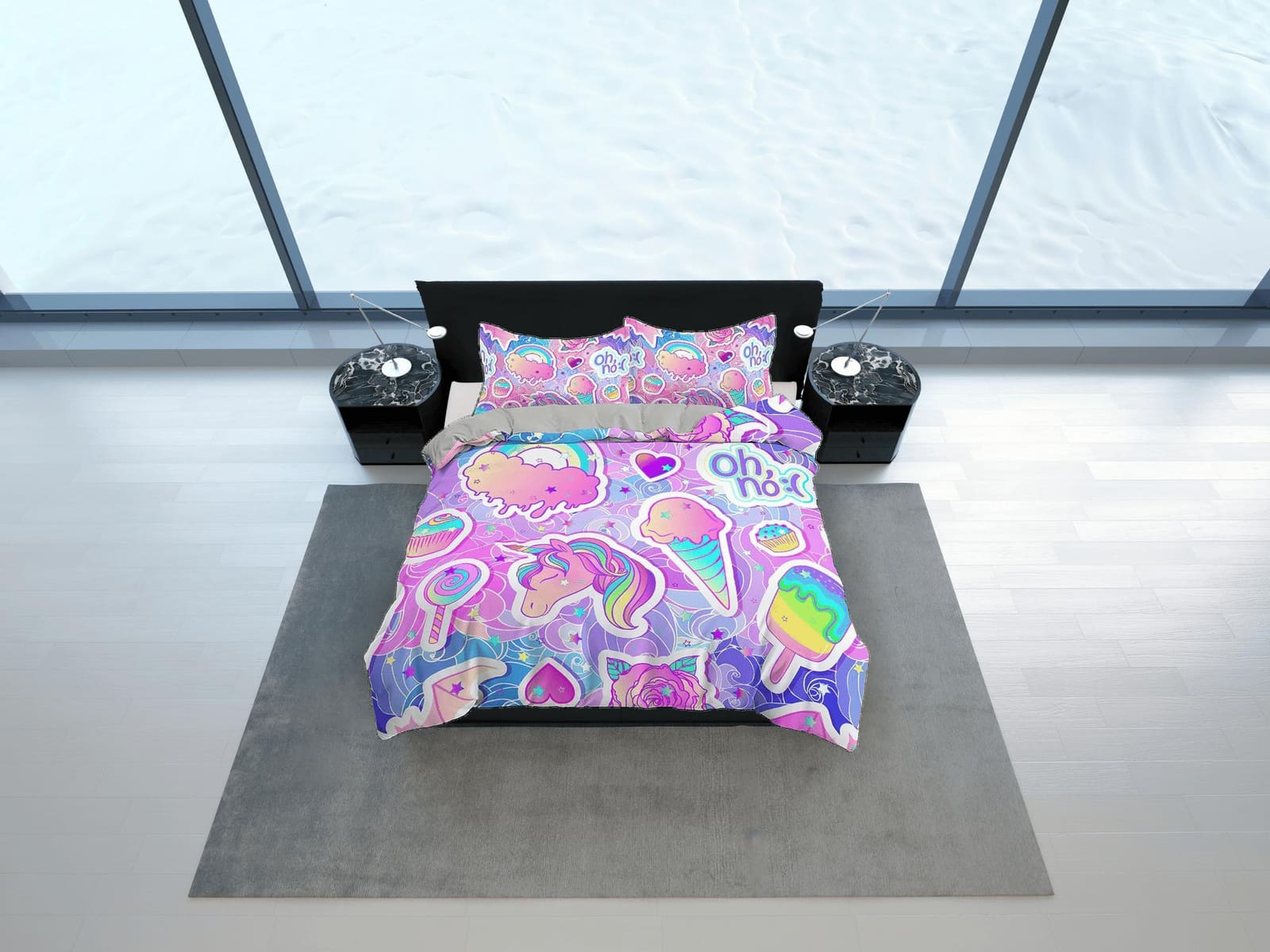 Unicorn Rainbow Colored Kids Duvet Cover Set, Colorful Toddler Bedding, Kids Bedroom, Cute Ice Cream Bedding, King Queen F…