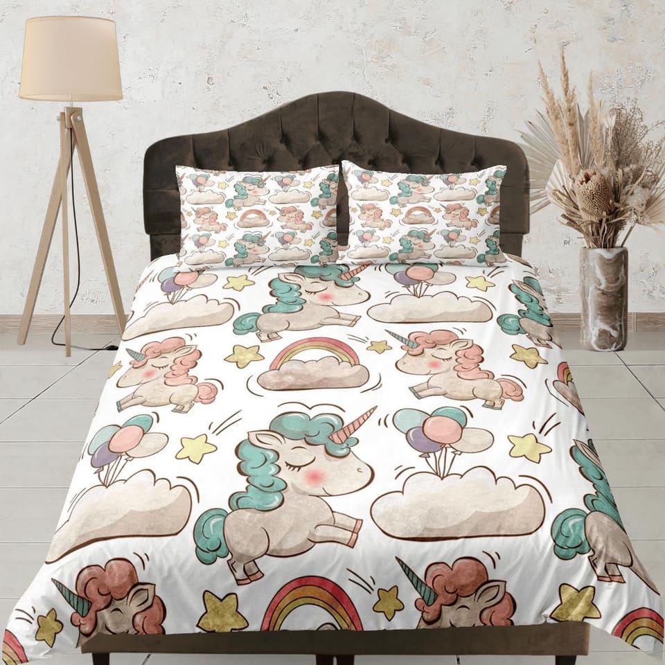Unicorn White Duvet Cover Set Cute Bedspread, Animal Dorm Bedding with Pillowcase