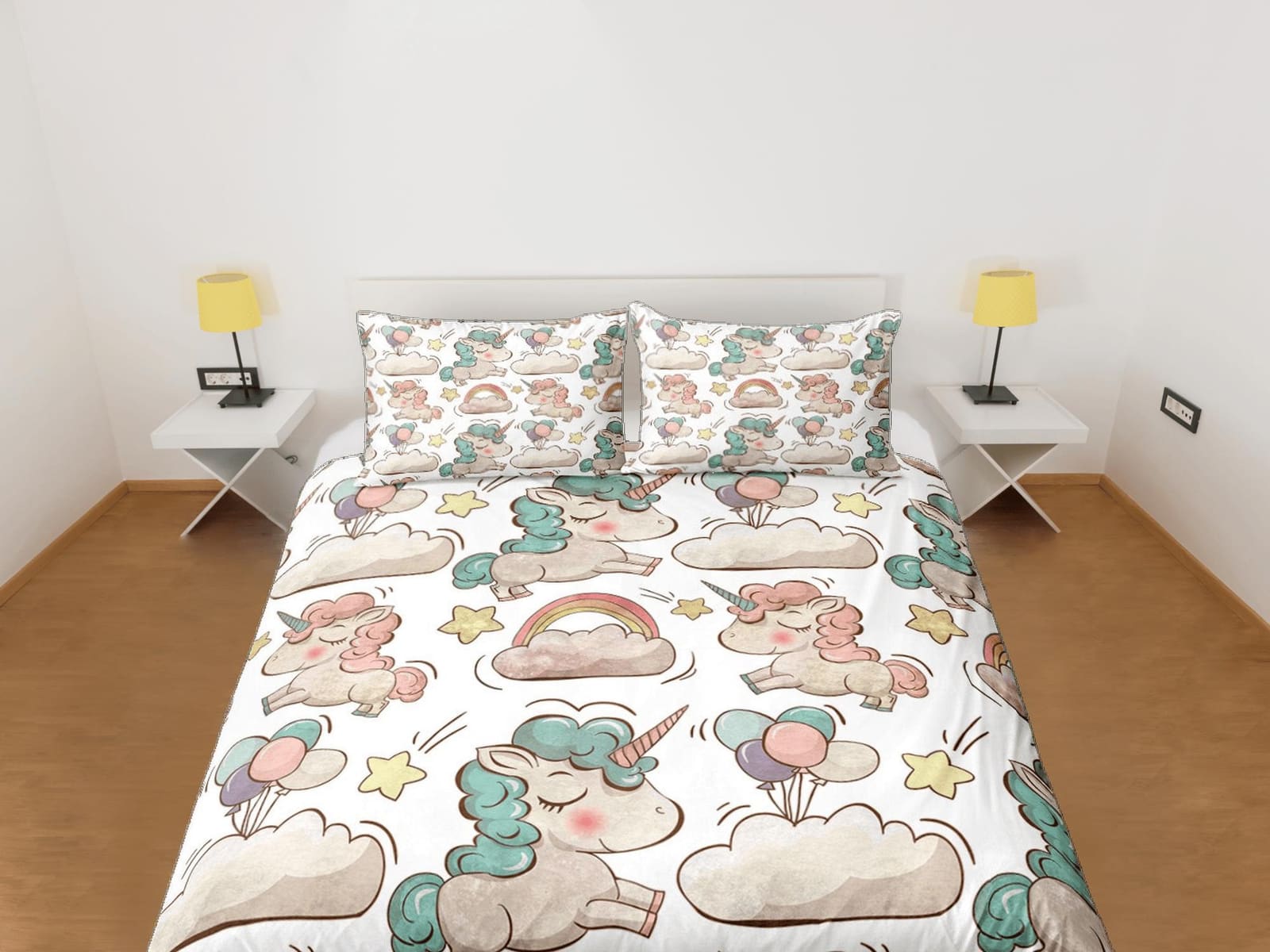 Unicorn White Duvet Cover Set Cute Bedspread, Animal Dorm Bedding with Pillowcase