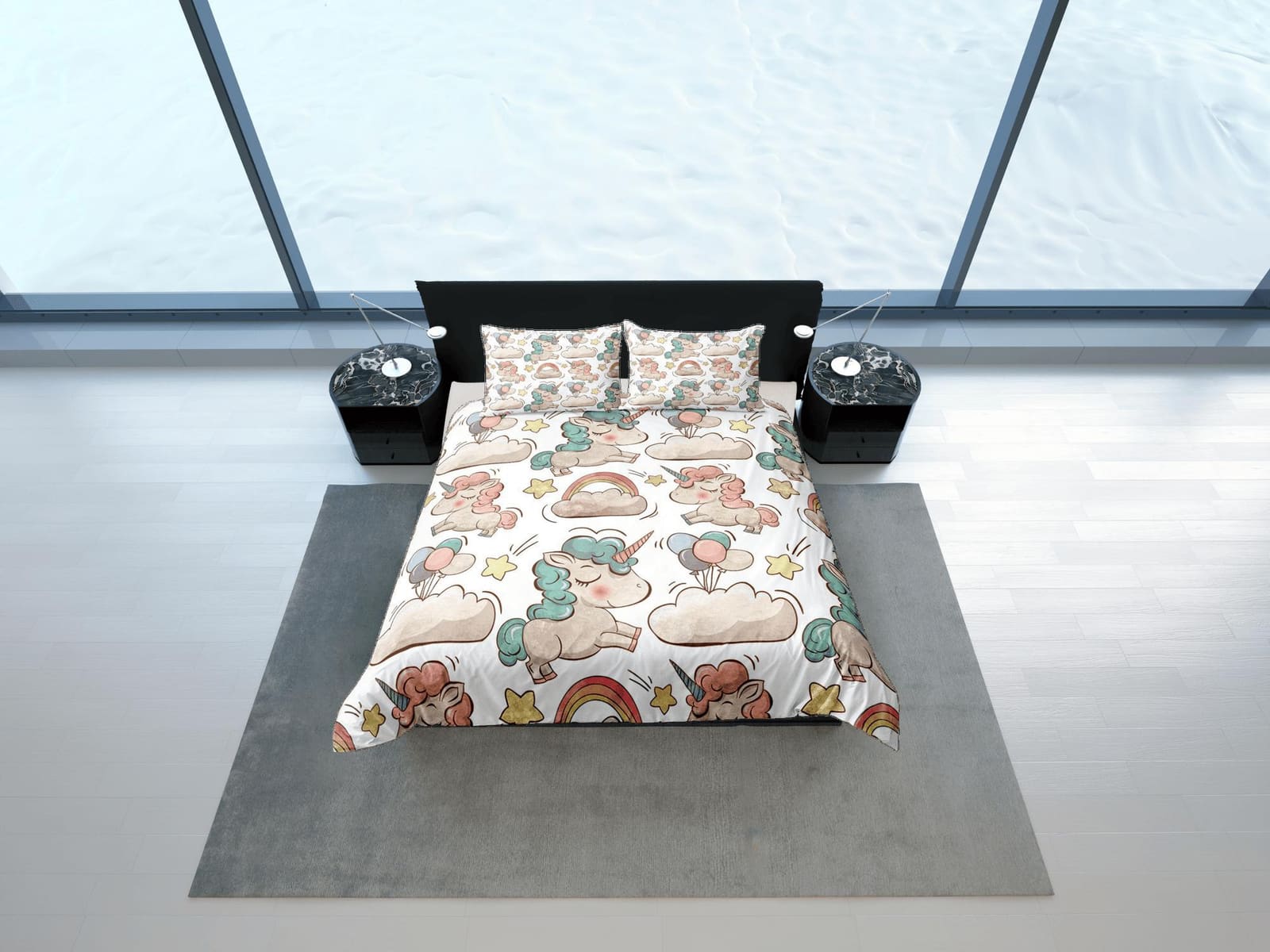 Unicorn White Duvet Cover Set Cute Bedspread, Animal Dorm Bedding with Pillowcase