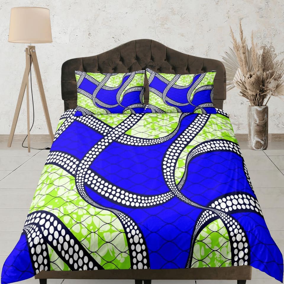 Unique african blue and green bedding set duvet cover, boho bedding ethnic tribal designs, afrocentric designer bedding, s…