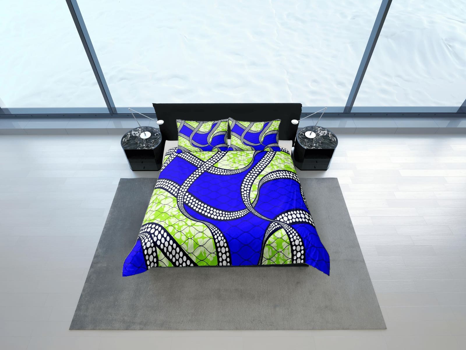 Unique african blue and green bedding set duvet cover, boho bedding ethnic tribal designs, afrocentric designer bedding, s…
