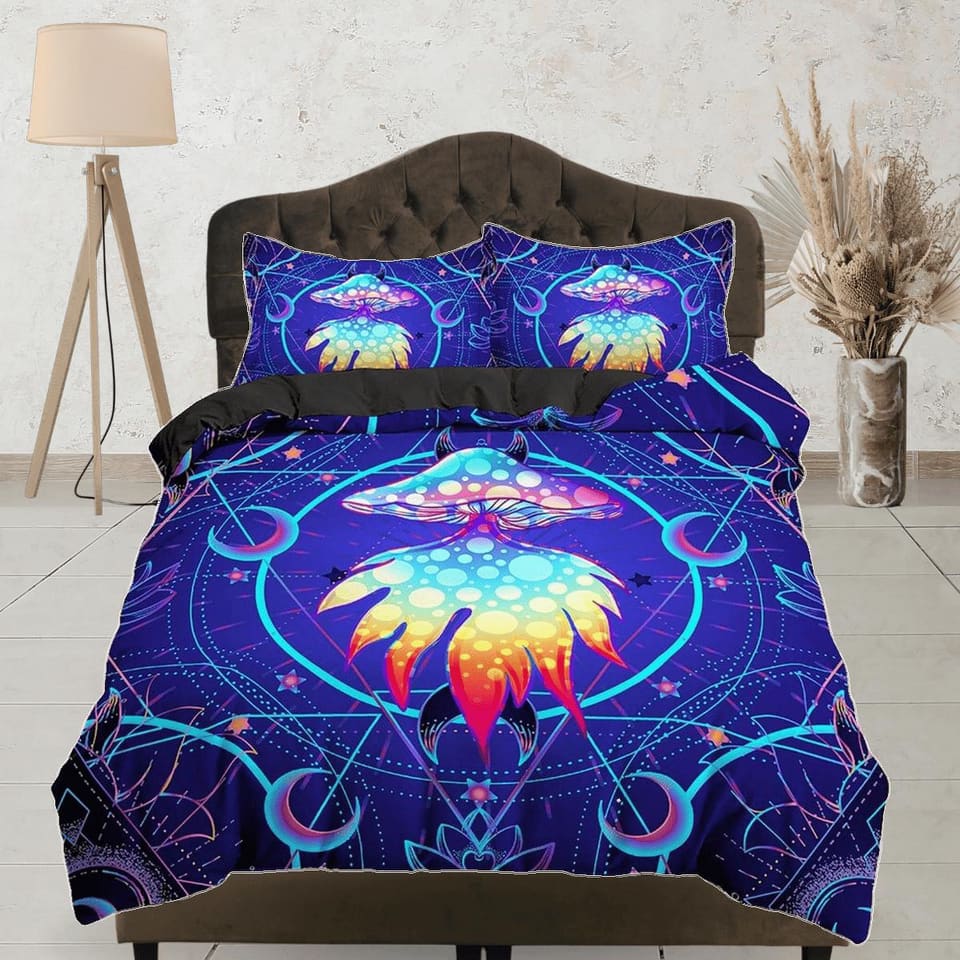 Unique psychedelic creature blue duvet cover hippie bedding set full, preppy dorm bedding, indie room decor, aesthetic cos…