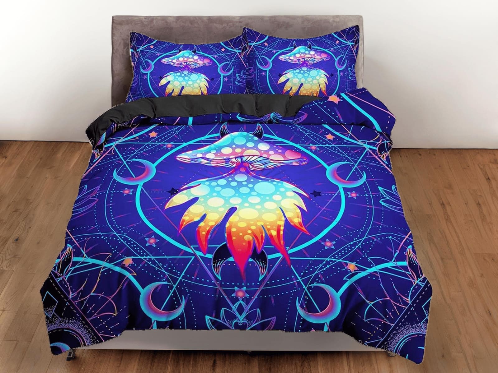 Unique psychedelic creature blue duvet cover hippie bedding set full, preppy dorm bedding, indie room decor, aesthetic cos…